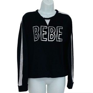 Bebe Sport Women’s Size M Sequin LOGO Black Stretch Mesh Insert Sleeve Shirt Top